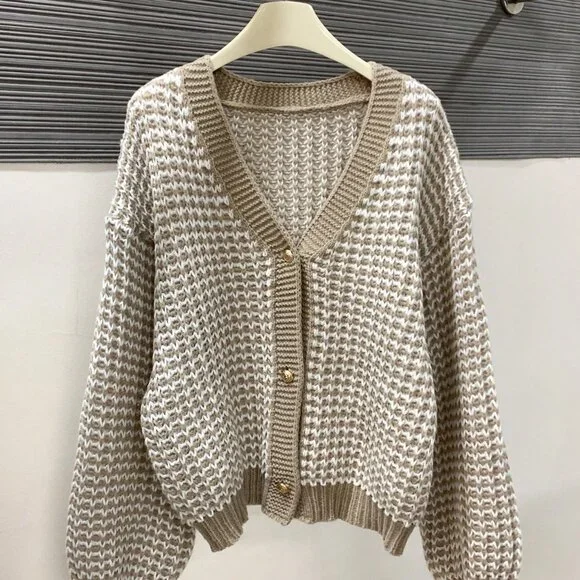 Khaki Casual Women's Plaid Print Button Front V-Neck Long Sleeve Cardigan - Picture 3 of 4